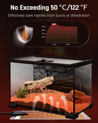 Pawfly safe-temp reptile pad shows 50c limit for safe heating.