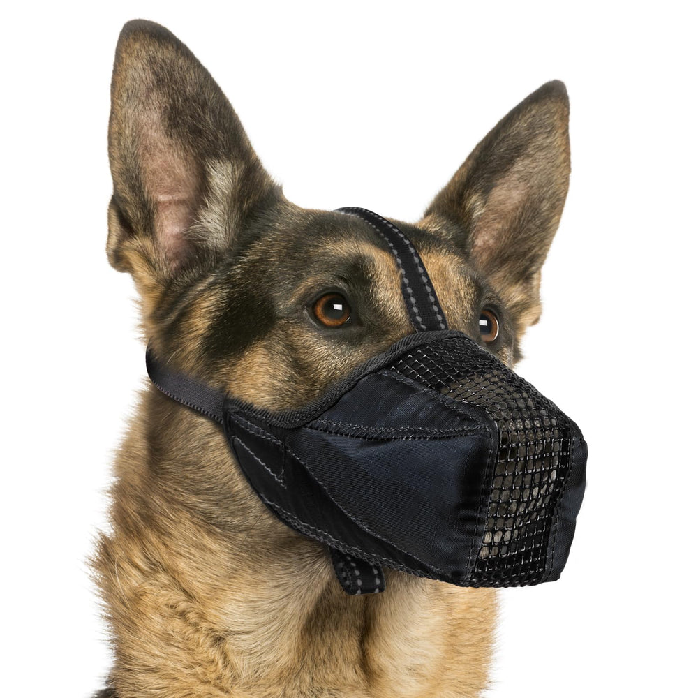 Pawfun mesh dog muzzle close-up shows breathable fabric for all-day comfort.