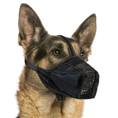 Pawfun mesh dog muzzle close-up shows breathable fabric for all-day comfort.