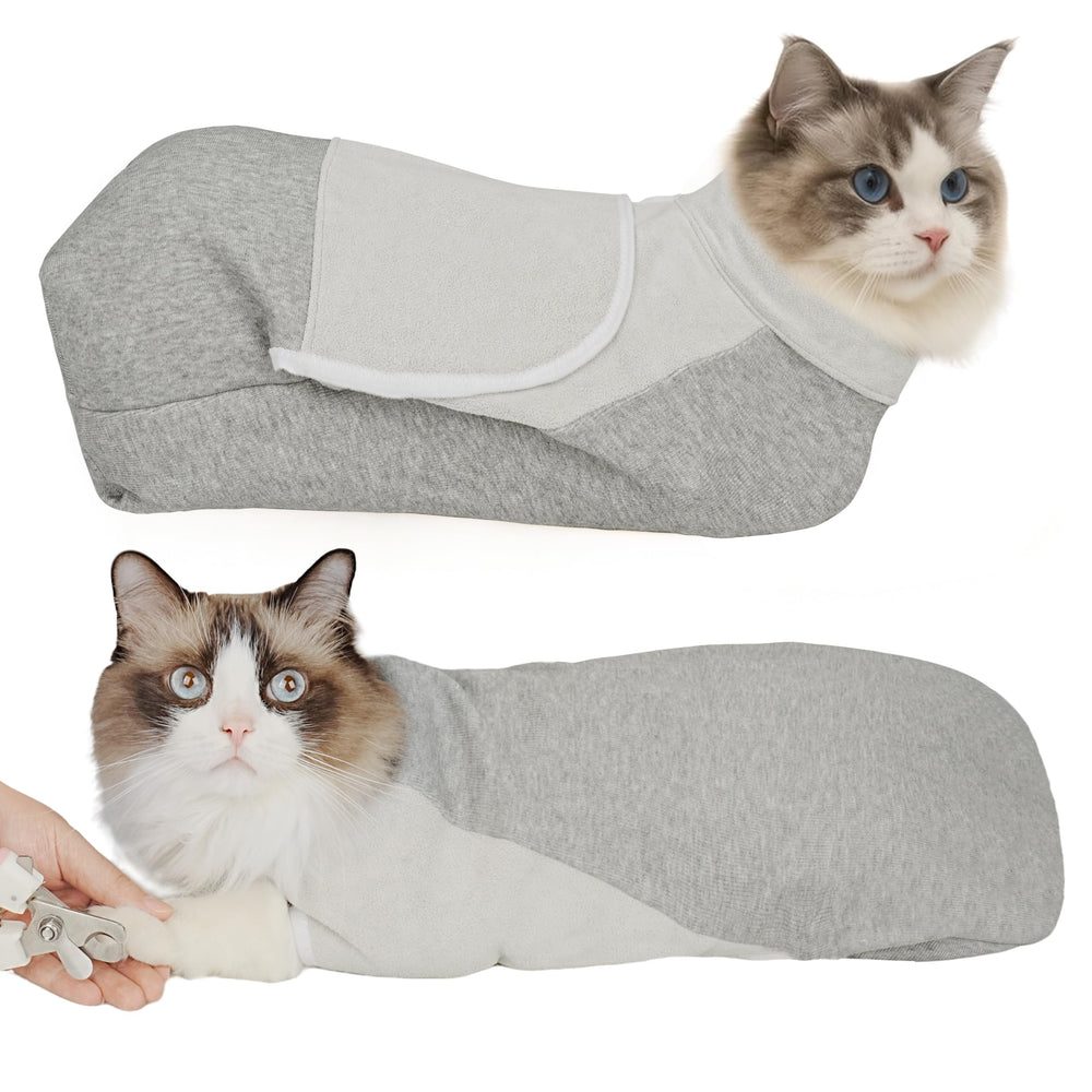 Pawfun self-adhesive cat grooming wrap grey closeup shows calm grooming in action.