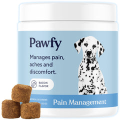 Pawfy Advanced Pain Management bottle showcases joint-support formula for mobility