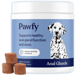 Pawfy Anal Gland Chews peanut butter bottle promotes digestive support for dogs.