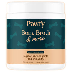 Pawfy Bone Broth bottle pouring over kibble to boost flavor.