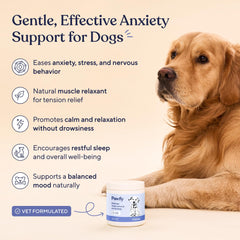 Pawfy Calming Chews bottle open shows convenient dispensing during stressful events.