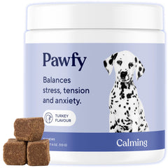 Pawfy Calming Chews dog treats pack promotes easier dosing for calmer adventures.