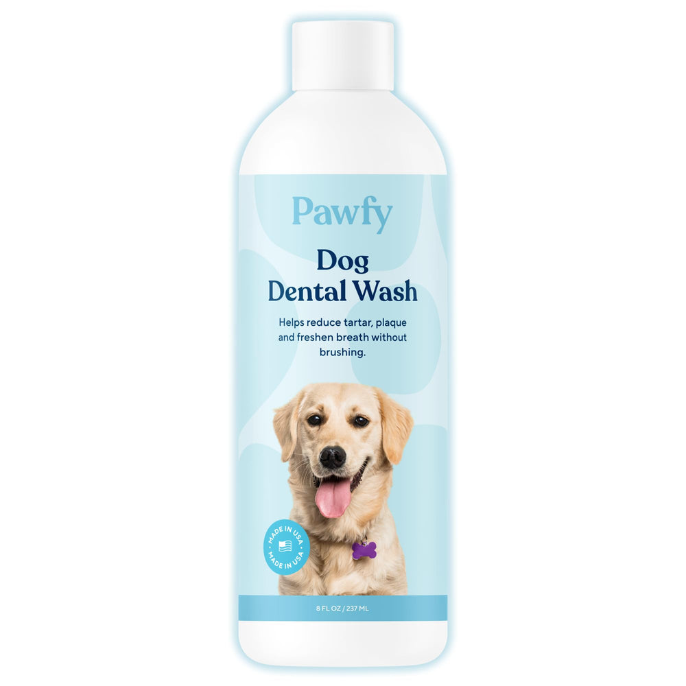 Pawfy dog breath freshener bottle closeup helps freshen breath and support dental care