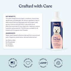 Pawfy dog shampoo bottle with fresh scent for lasting odor control