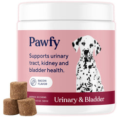 Pawfy dog UTI supplement cranberry bottle shows urinary health support for daily comfort.