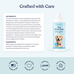 Pawfy dog water additive ingredients visual emphasizes simple, safe use for plaque and tartar control