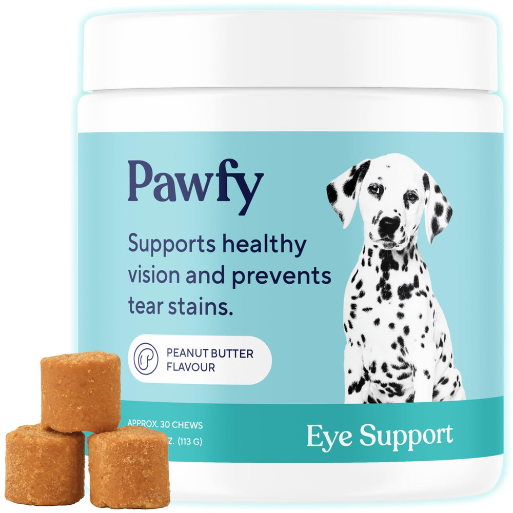 Pawfy Eye Support Soft Chews jar closeup highlighting vision support for dogs.