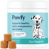Pawfy Eye Support Soft Chews jar closeup highlighting vision support for dogs.