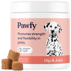 Pawfy hip joint supplement bottle highlighting mobility support for active dogs.