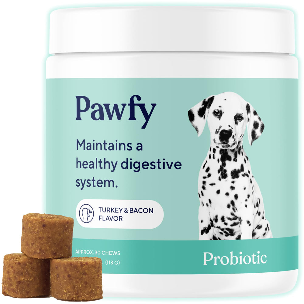 Pawfy Probiotics for Dogs bottle open shows bacon-flavored chews for digestive comfort