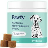 Pawfy Probiotics for Dogs bottle open shows bacon-flavored chews for digestive comfort