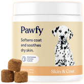Pawfy Skin & Coat packaging highlights salmon oil support for healthy dog skin