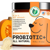 PAWGRESS 5-in-1 probiotic powder bottle showing all-in-one gut support