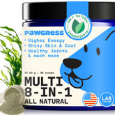 PAWGRESS 8-in-1 dog multivitamin tub shows all-in-one formula for daily vitality.