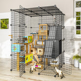 PAWING large cat cage with storage cubes keeps toys organized and accessible.