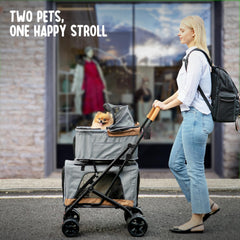 PAWLALA double stroller side view demonstrates smooth maneuverability for urban walks.