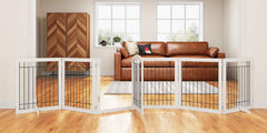 PAWLAND 144-inch extrawide dog gate with door walk-through for open-plan rooms.