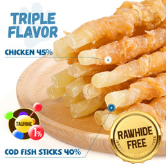 Pawmate chicken-wrapped cod sticks close-up, showing chewy protein snack.