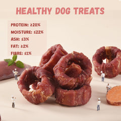Pawmate donuts close-up highlights duck jerky and sweet potato layers for wholesome flavor.