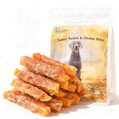 Pawmate paquete de tiras de pollo envueltas en patata dulce, ideal para entrenamiento.