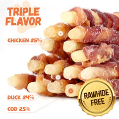 Pawmate Triple Flavor chicken-wrapped cod sticks close-up shows chewy texture for long-lasting chewing.