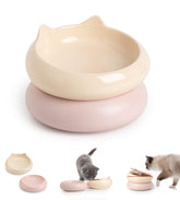PawMeow whisker-friendly cat bowl in yellow and pink for whisker-safe meals.