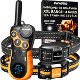 PAWPRO dog shock collar with remote showing 4-mile range for off-leash training use-case