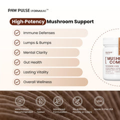 Pawpulse Formula immune-blend-mushrooms packaging emphasizes seven functional mushrooms for immune health.