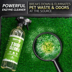 Paws and Play turf cleaner spray action demonstrates quick application on turf for odor reduction.