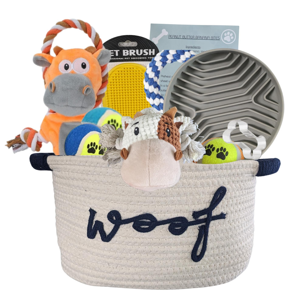 Paws For Reaction puppy gift basket opened with toys for safe play and bonding