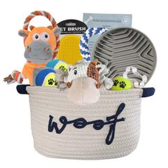Paws For Reaction puppy gift basket opened with toys for safe play and bonding
