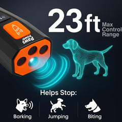 Paws Power deterrent shows 23-foot range for outdoor correction.
