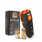 Paws Power ultrasonic bark deterrent in hand for portable home training.