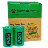 Paws4Green poop bags roll on a dispenser for easy cleanup on the go