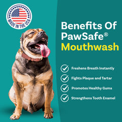 PawSafe dog mouthwash pour shows effortless dosing for fresher breath daily.