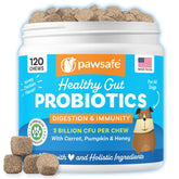 PawSafe dog probiotics bottle label highlighting digestive support benefits