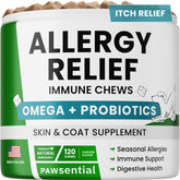 PAWSENTIAL Allergy Relief Dog Chews bottle shows easy dosing for itch relief and skin support.