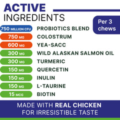 PAWSENTIAL Allergy Relief Dog Chews probiotics illustration underscores gut balance and immune support potential.