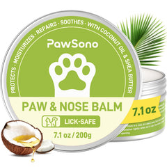 PawSono lick-safe paw balm jar close-up showing coconut oil hydration for dry pads