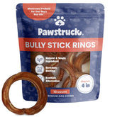Pawstruck bully stick rings packaging shows rawhide-free, 100% beef dental chew