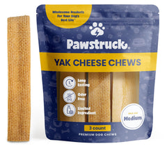 Pawstruck Himalayan Yak Dog Chew packaging shows three-ounce pieces for long-lasting dental-friendly fun.