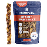 Pawstruck natural 12-inch braided bully sticks—durable chew for aggressive chewers.