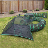 Pawtenda outdoor cat camp in a sunny yard, showing a safe expandable space for curious cats