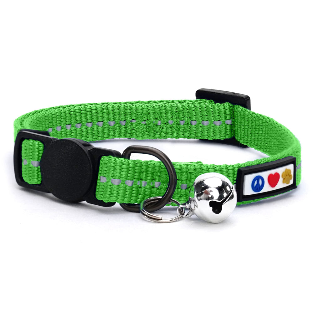 Pawtitas Recycled Green Reflective Cat Collar front view emphasizes high visibility for safe night walks.