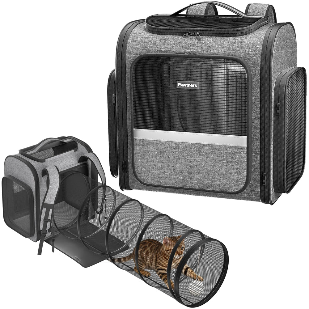 Pawtners cat backpack with expandable tunnel closed shows extra space for play