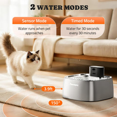 Pawtners cat water fountain stainless side view, easy-clean surface for quick maintenance.