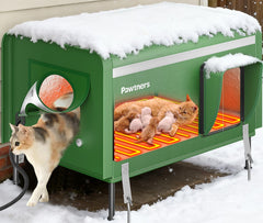 Pawtners heated outdoor cat house exterior view with elevated feet, winter shelter.